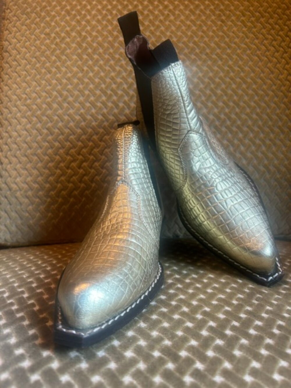 Free People Women's Metallic Gold Leather Croc Design Beau Western Boots NEW